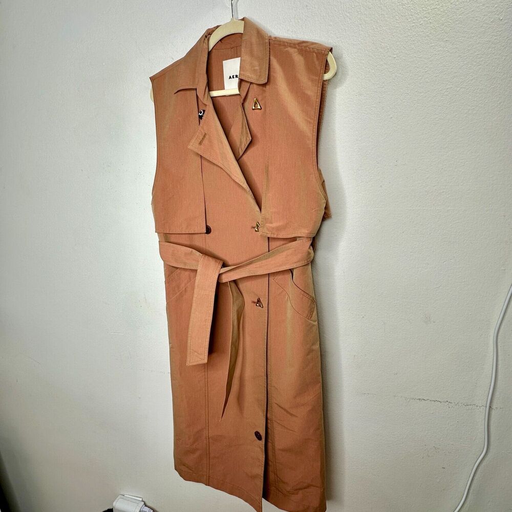 Aeron Delray Dusty Peach Iridescent Sleeveless Button Trench Coat Welt Pockets - Picture 3 of 13